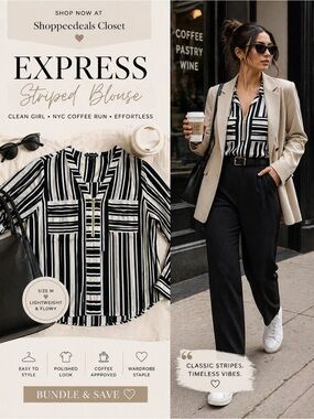 Express Black & White Striped Zip Front Blouse Top Size M
